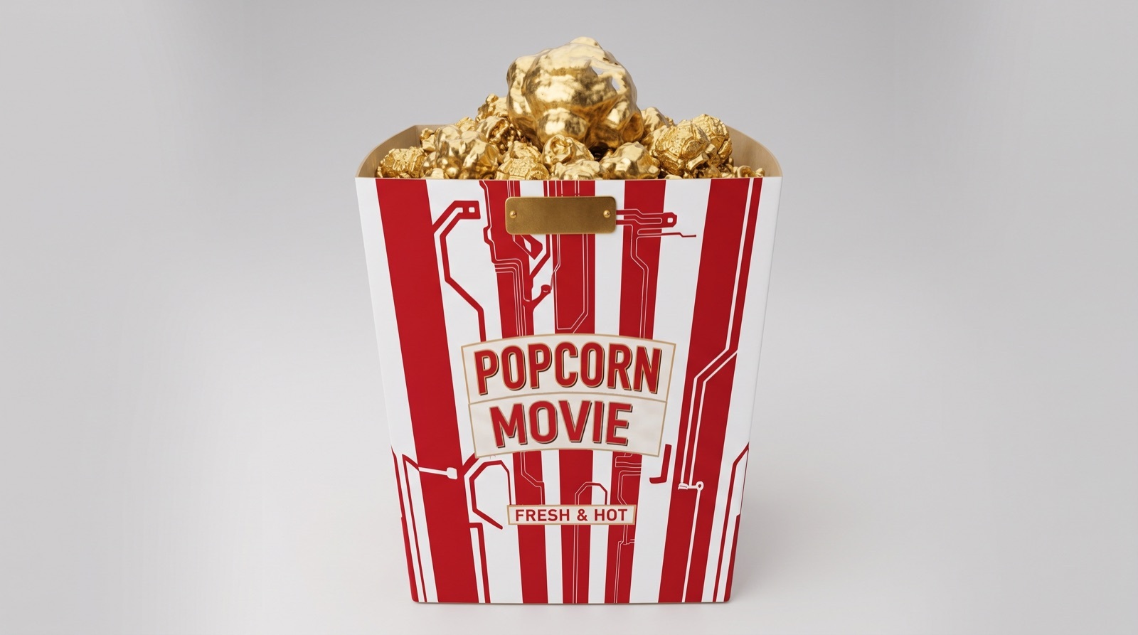 The popcorn.movie box, red and white stripes, circuit traces, gold kernels